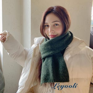 Handmade Forest Green Wool Blend Scarf: Cozy Knit Shawl