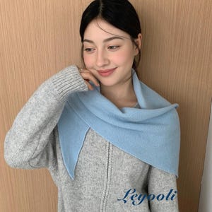 Sky Blue 100% Wool Triangle Scarf, Soft Knit Wrap, Cozy Minimalist Shawl Gift