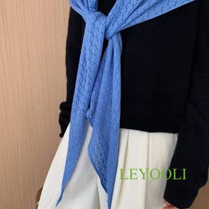 Blue Knit Lace Triangle Scarf, Handmade Shawl, Elegant Wrap