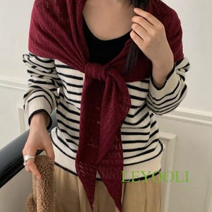 Burgundy Knit Triangle Scarf, Handmade Lace Shawl