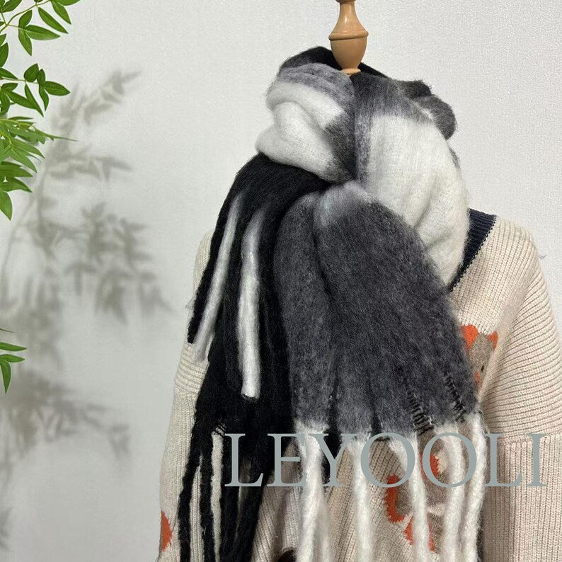 Plaid Mohair Scarf, Black White Gray Gradient, Winter Shawl with Fringe