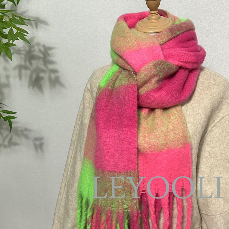 Mohair Plaid Scarf: Bright Pink & Green, Warm Winter Shawl