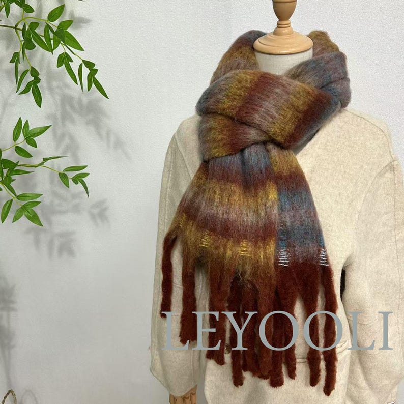 Mohair Gradient Plaid Scarf | Warm Winter Shawl with Tassels
