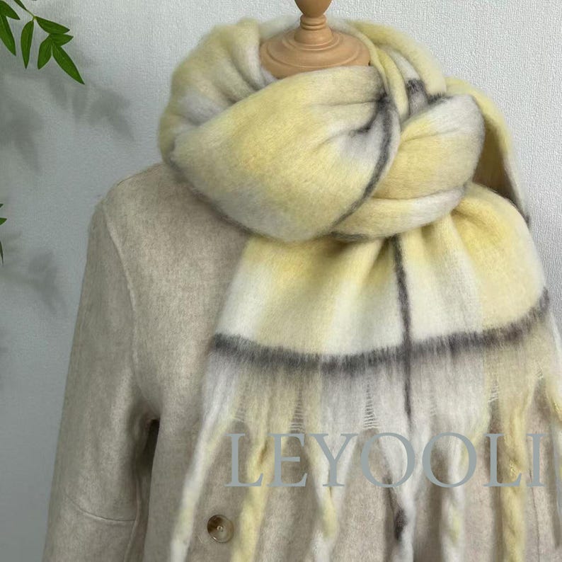 Soft Yellow Plaid Mohair Scarf | Cozy Winter Shawl