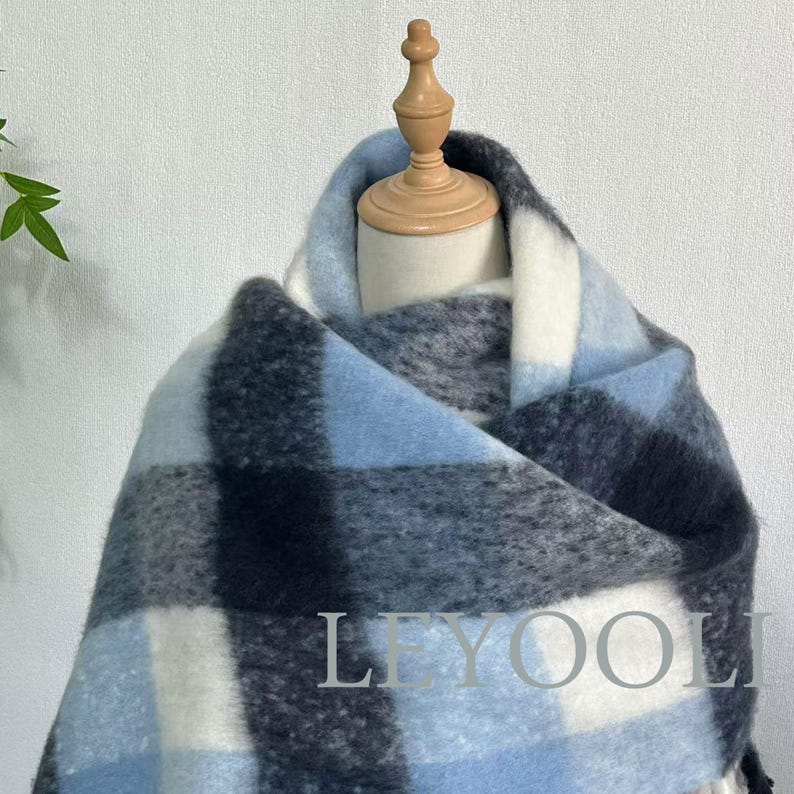 Blue Gradient Plaid Mohair Scarf: Winter Wool Shawl with Tassels