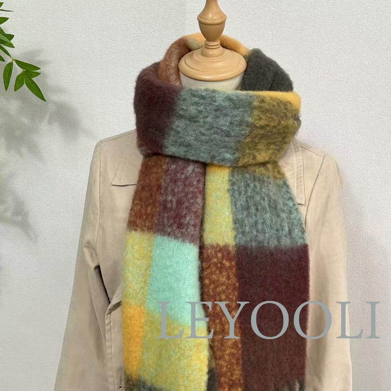 Wool Plaid Fringe Scarf, Fall Winter Shawl, Unisex Fashion Accessory
