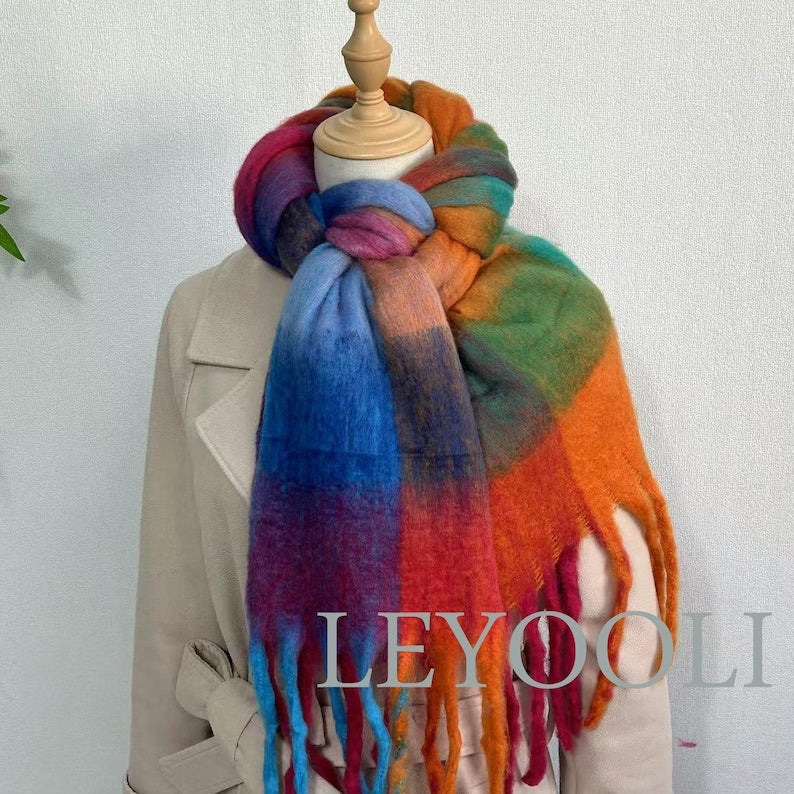 Rainbow Plaid Mohair Scarf, Tassel Design, Winter Shawl