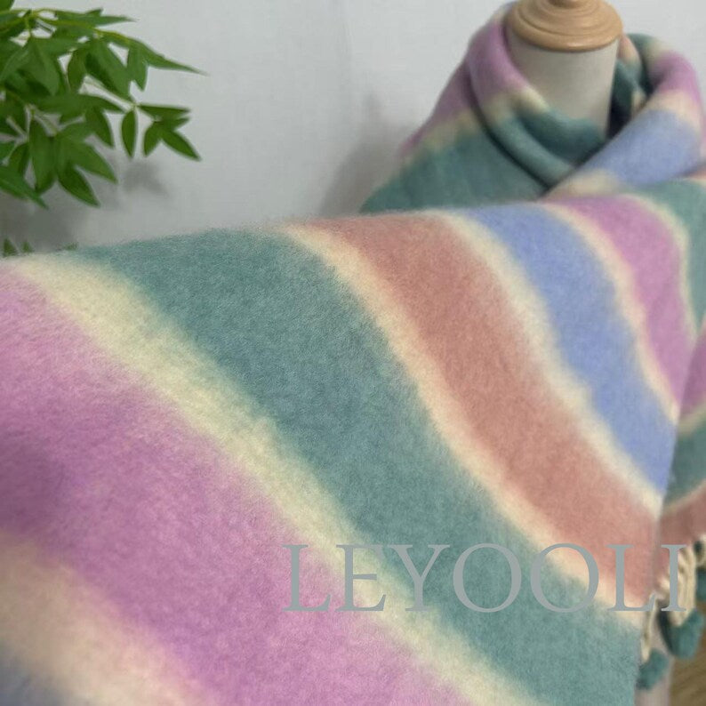 Rainbow Mohair Scarf, Striped Winter Scarf, Hairball Fringe