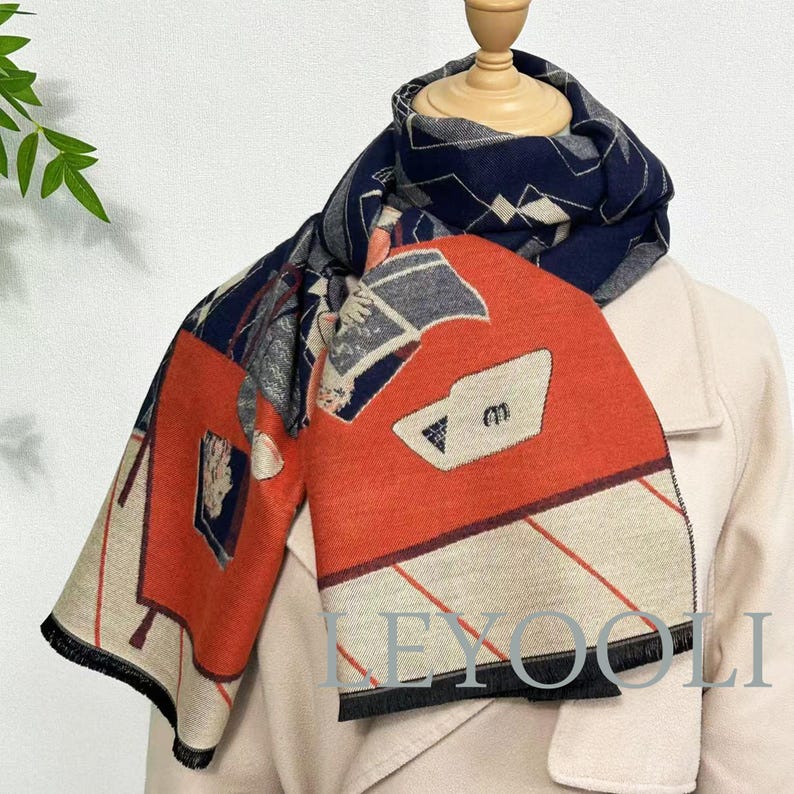 Art Animal Illustration Scarf: Diamond Plaid Patchwork, Navy Blue Orange Beige