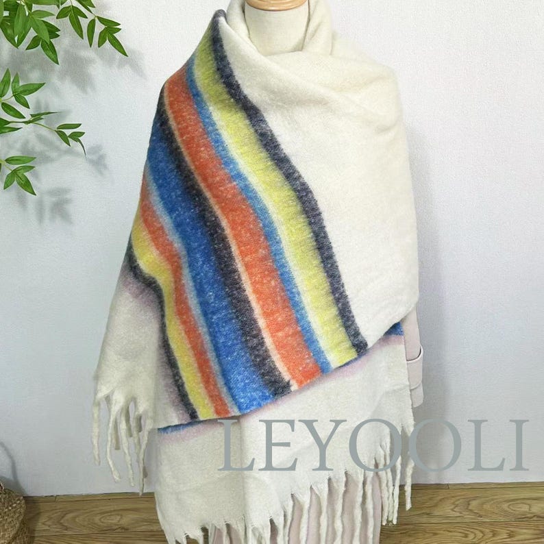 Rainbow Striped Mohair Scarf, Warm Winter Shawl, Fringed Plush Scarf