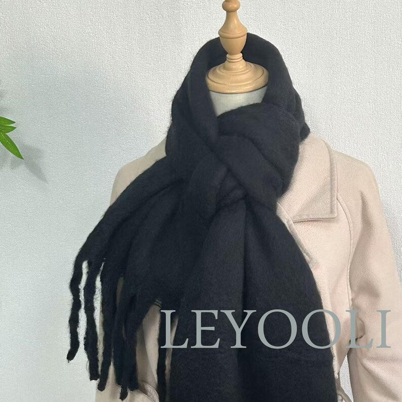 Black Mohair Blend Scarf, Winter Tassel Scarf