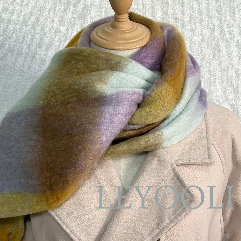 Mohair Plaid Scarf: Yellow Purple Rainbow Shawl