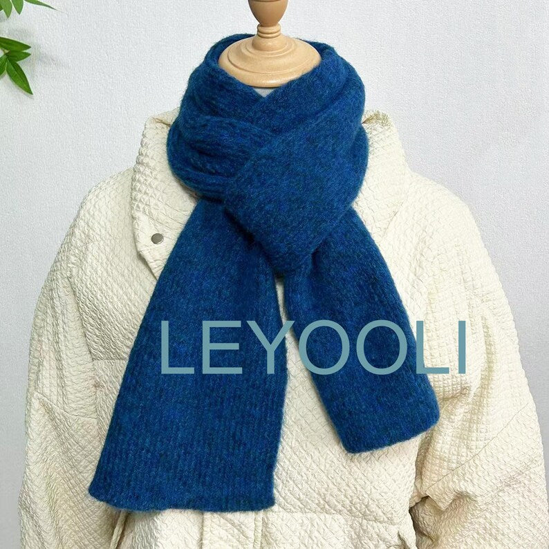 Handmade Wool Knitted Scarf: Dark Navy Blue Winter Scarf