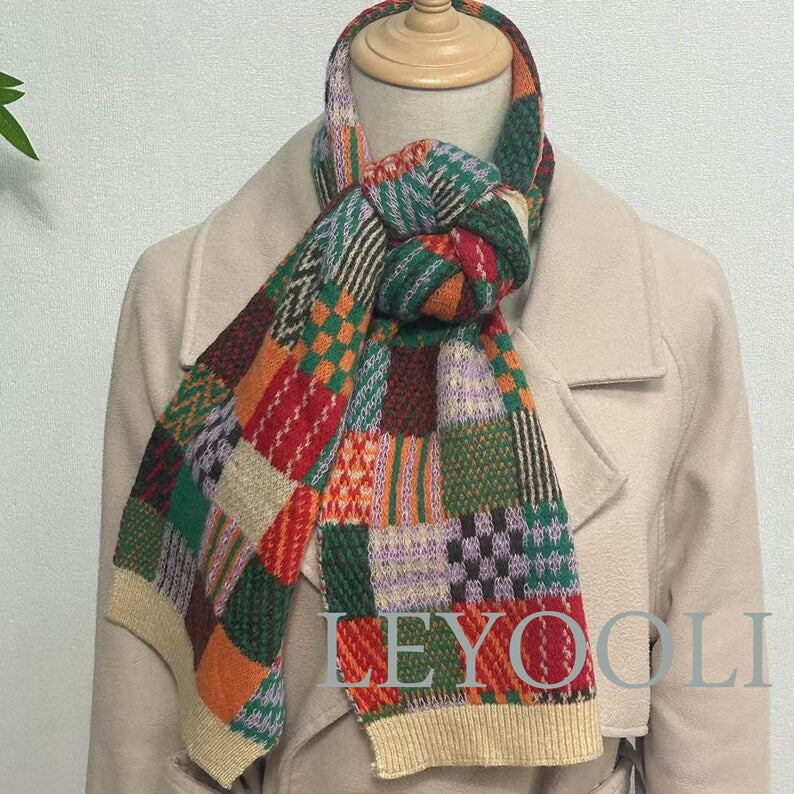 Knitted Colorful Plaid Cotton Scarf, Winter Warm Scarf