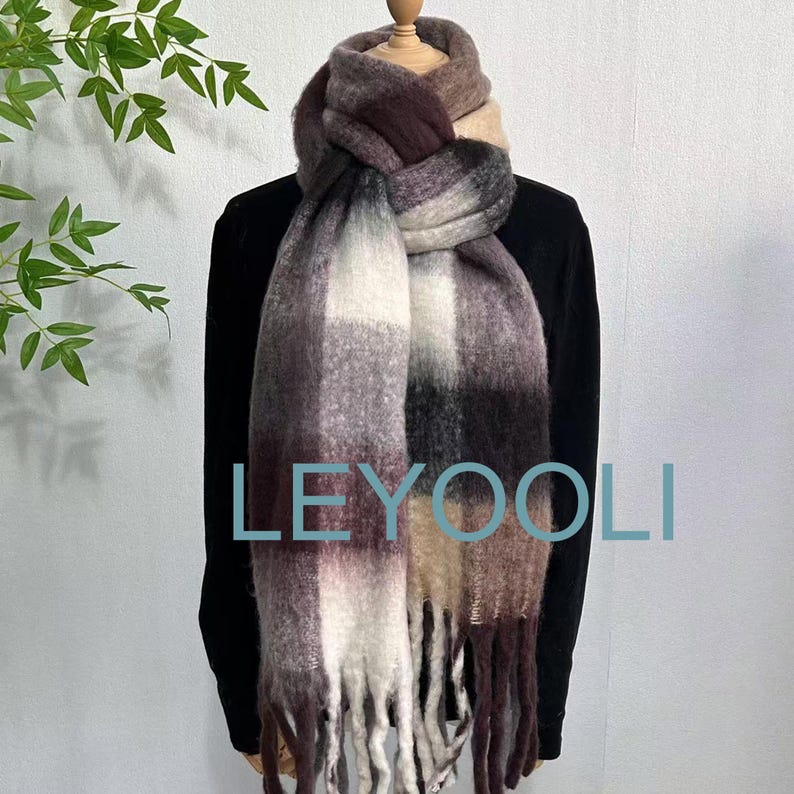Mohair Plaid Scarf: Warm Wool Blend Shawl (36cm x 200cm)