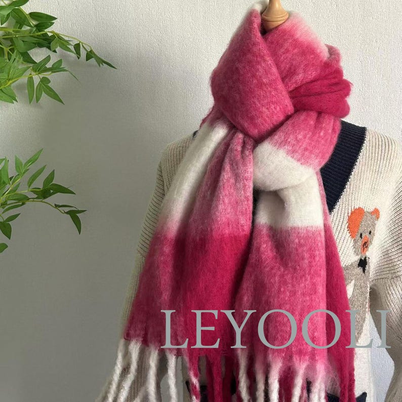 Handmade Rose Plaid Mohair Scarf: Gradient Pink White Tassel Scarf