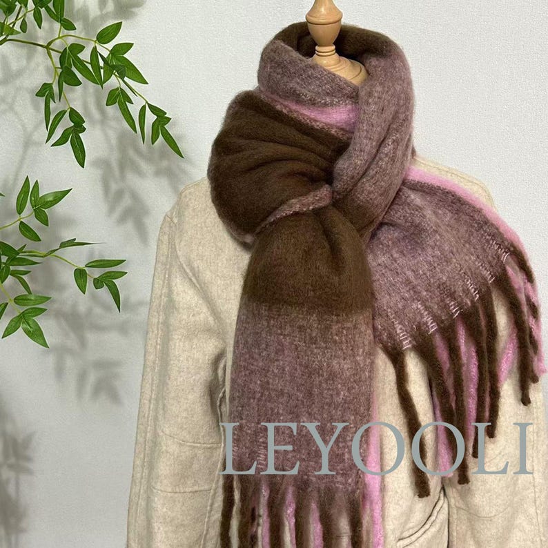 Plaid Mohair Scarf, Brown Pink Tassel Scarf, Winter Fashion