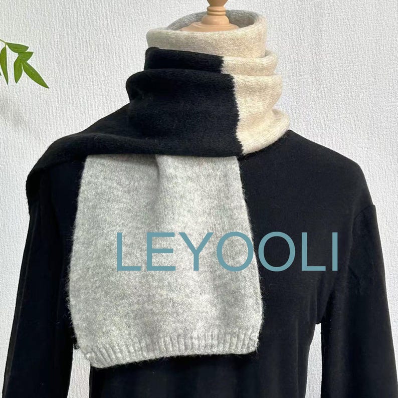 Hand Knitted Color Blocked Cotton Wool Scarf, Elegant Winter Warmth