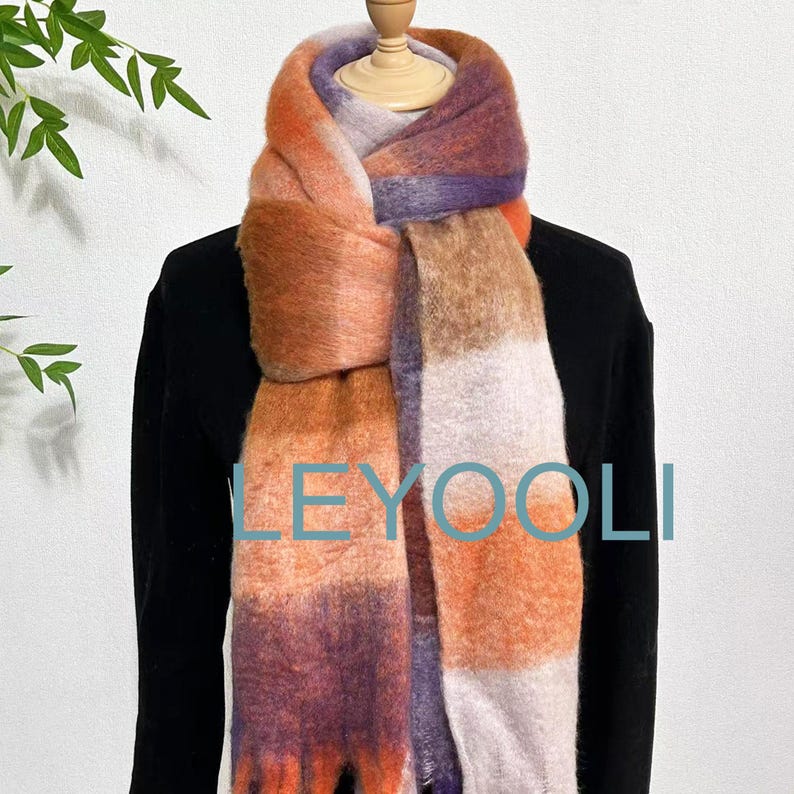 Reversible Mohair Plaid Scarf, Colorful Tassel Shawl