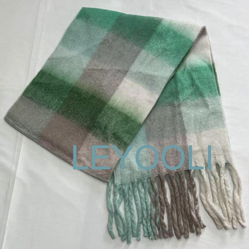 Green White Plaid Mohair Scarf, Warm Winter Shawl