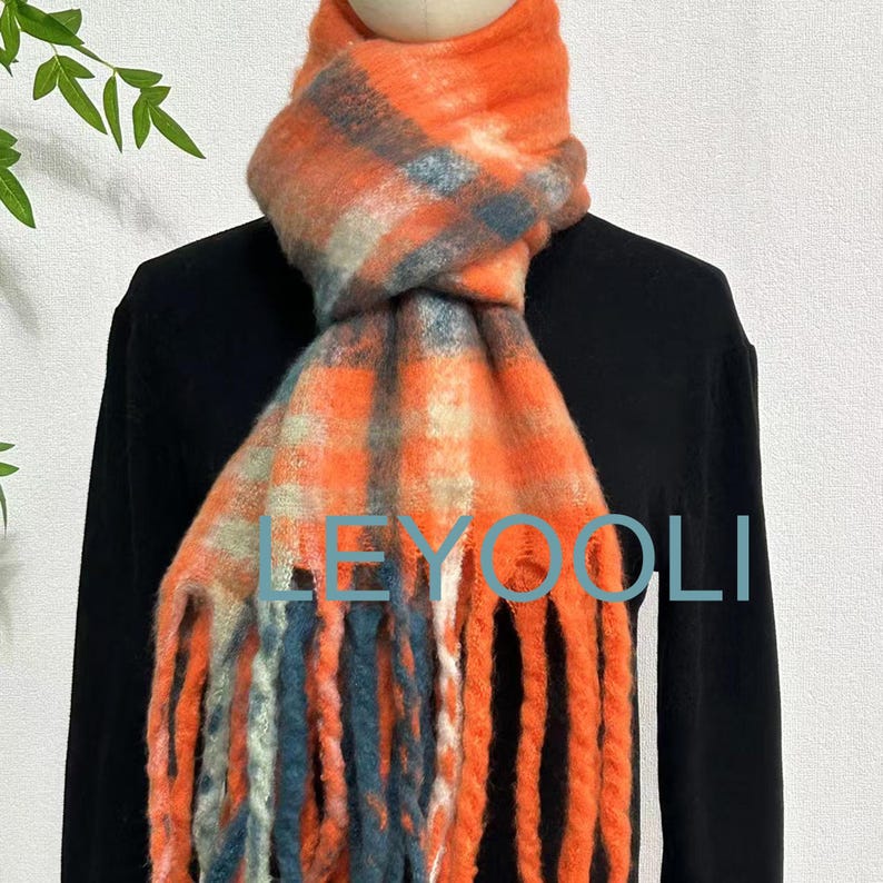 Orange Plaid Mohair Scarf: Reversible Winter Shawl
