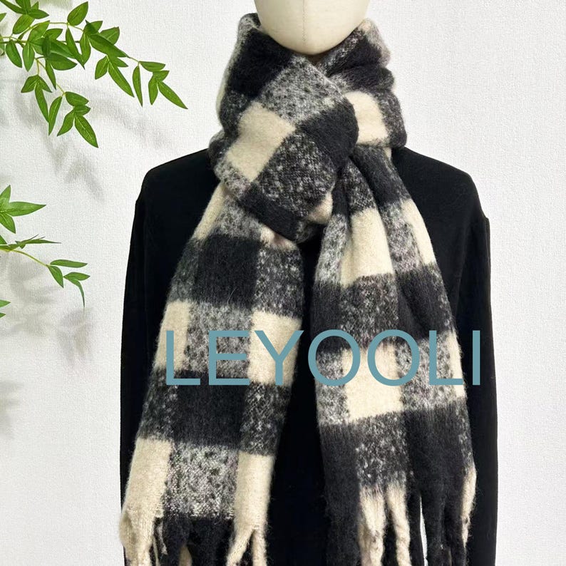 Black and White Plaid Mohair Scarf: Winter Warm Tassel Shawl