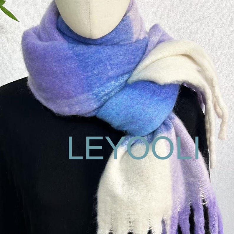 Purple Plaid Mohair Scarf: Winter Warm Tassel Shawl