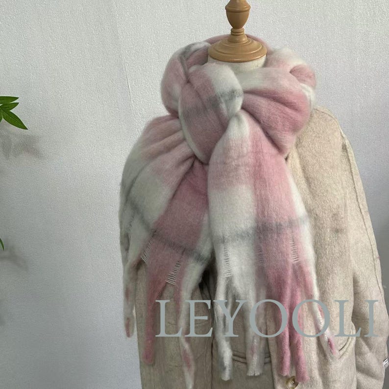 Pink Plaid Mohair Scarf: Winter Warm Shawl