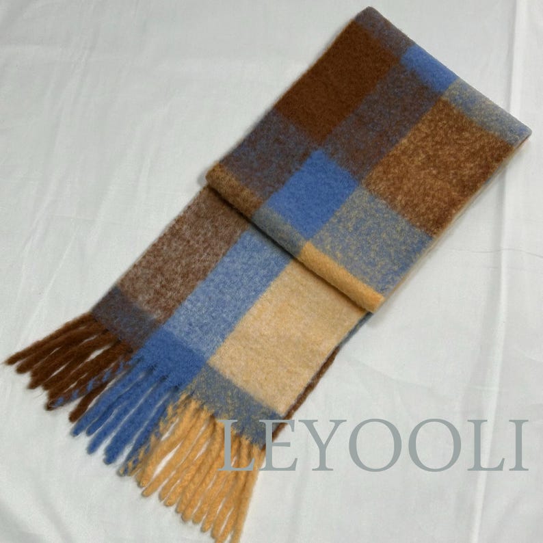 Blue Gray Plaid Wool Blend Scarf, Warm Winter Shawl