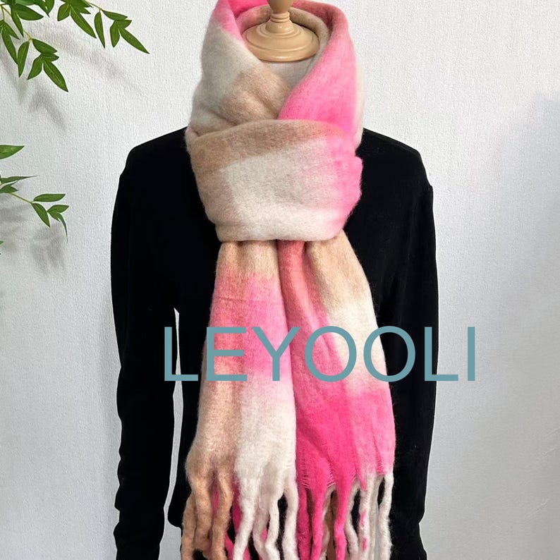 Pink Plaid Mohair Scarf, Reversible Winter Shawl