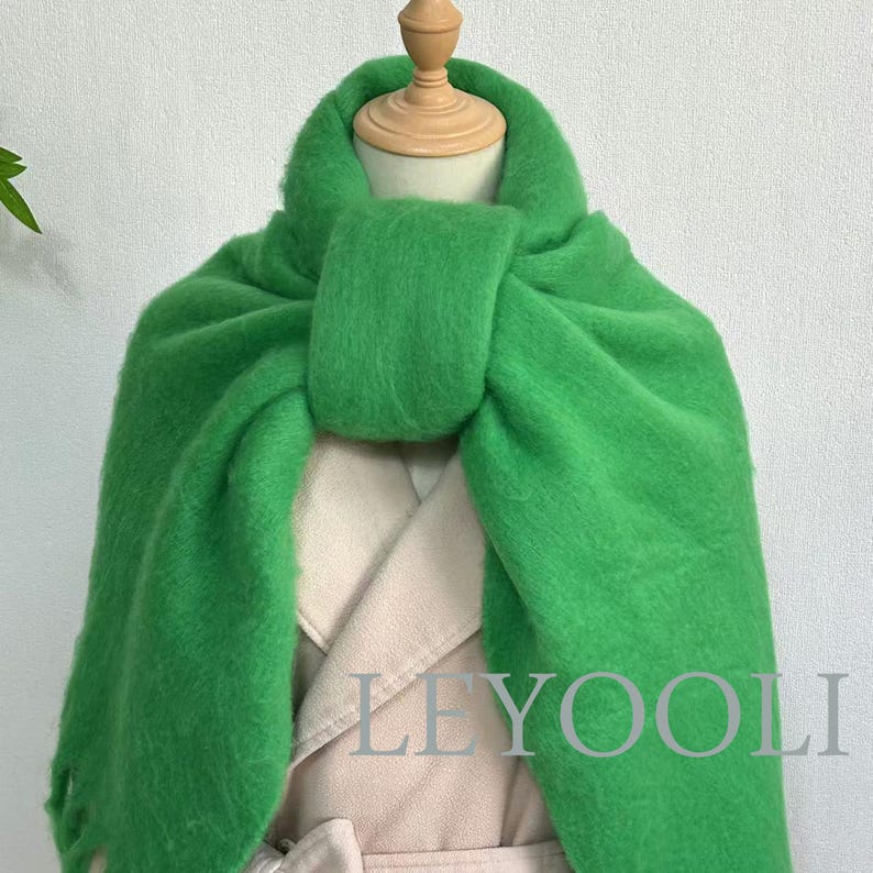 Green Mohair Blend Scarf: Warm Winter Tassel Scarf