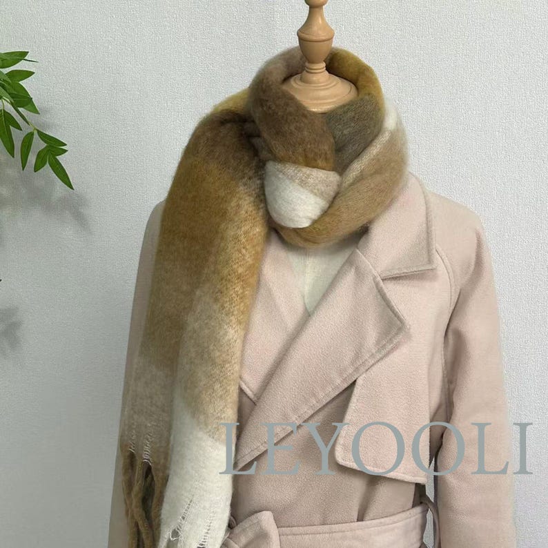 Brown Plaid Mohair Scarf, Warm Winter Shawl