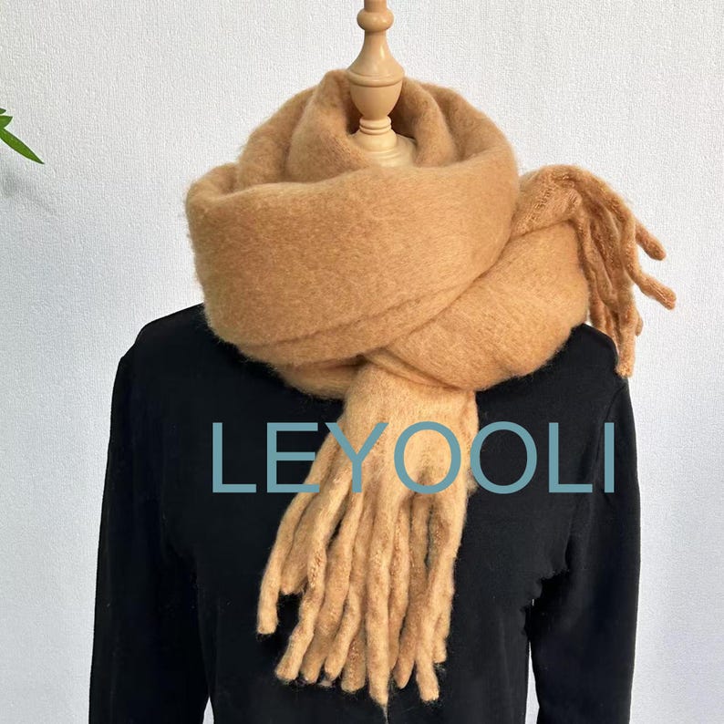 Camel Mohair Blend Tassel Scarf, Warm Winter Solid Color Scarf
