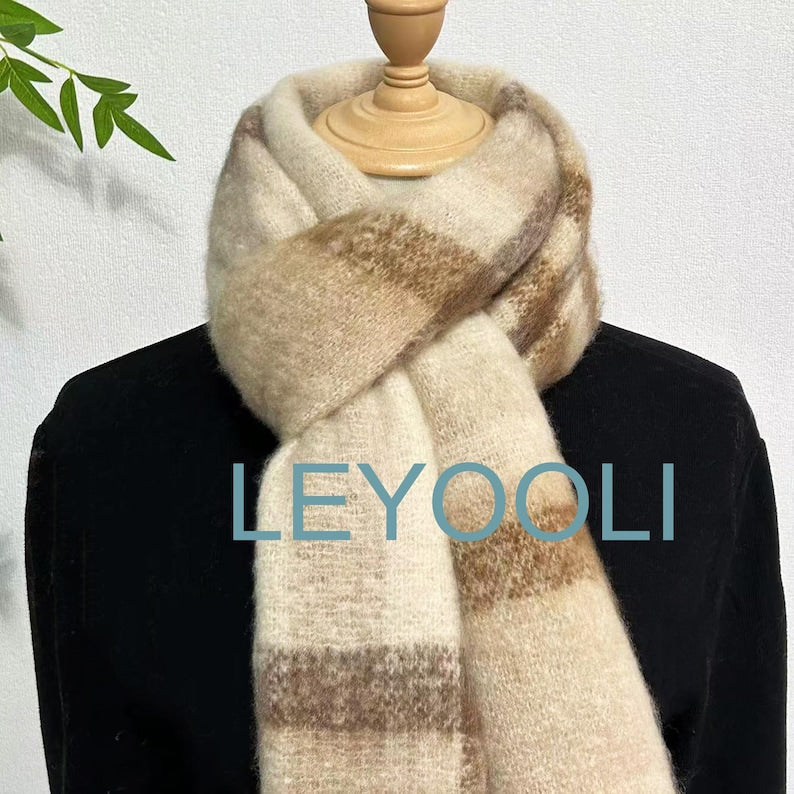 Brown Plaid Tassel Mohair Scarf, Soft Warm Winter Shawl