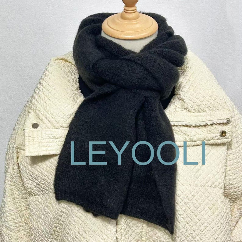 Hand Knitted Black Cotton Scarf, Elegant Winter Warm Scarf