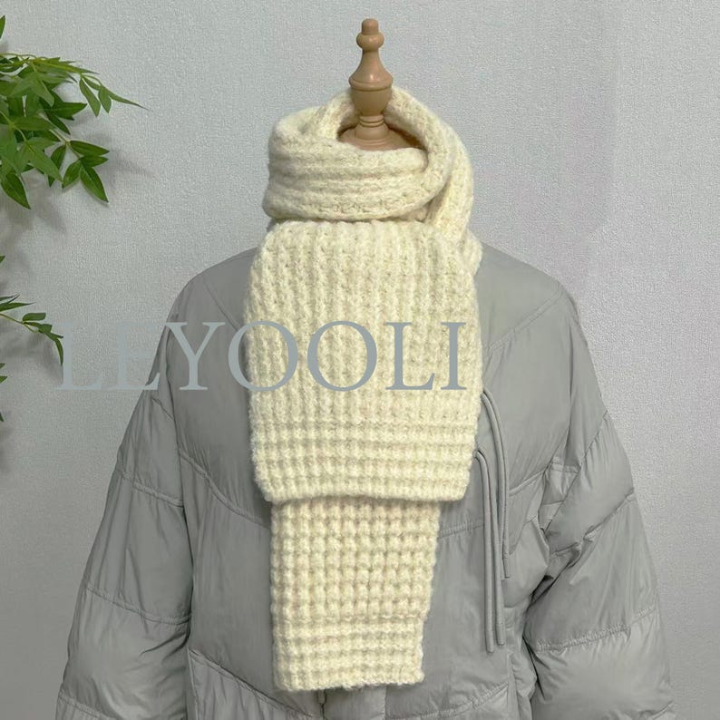 Hand Knitted White Scarf, Cotton Yarn, Warm Winter Scarf