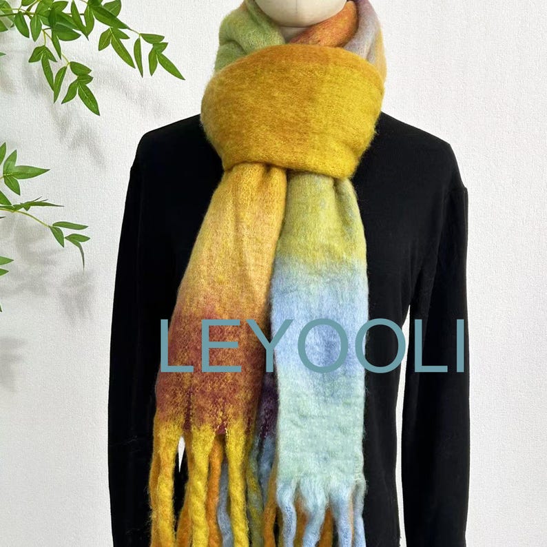 Rainbow Mohair Plaid Scarf: Yellow Tassel Shawl