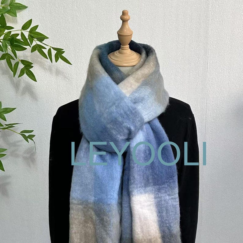 Blue Plaid Mohair Scarf: Warm Winter Shawl