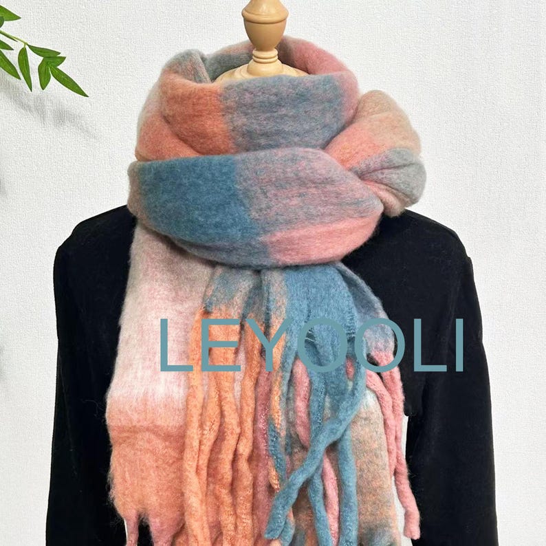 Reversible Mohair Plaid Scarf, Orange Blue Tassel Shawl