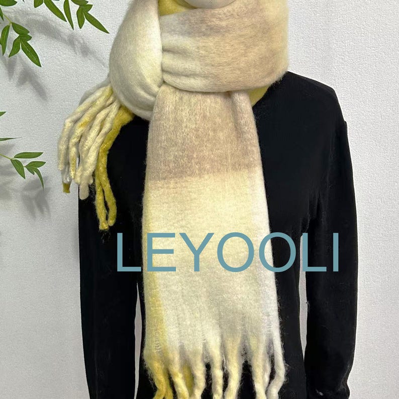 Yellow Plaid Mohair Scarf, Winter Warm Tassel Shawl