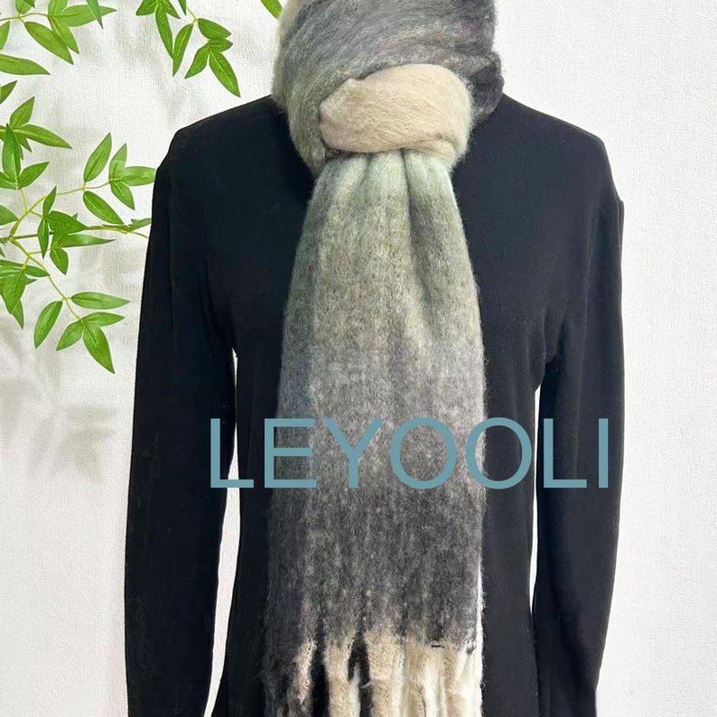 Mohair Plaid Scarf, Green White Black, Warm Winter Shawl