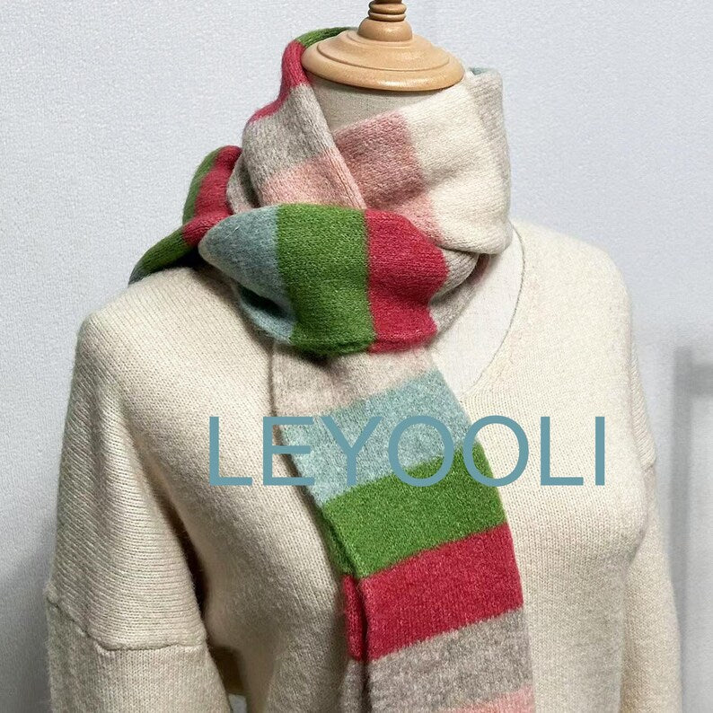 Rainbow Striped Knitted Wool Scarf, Colorful Winter Scarf