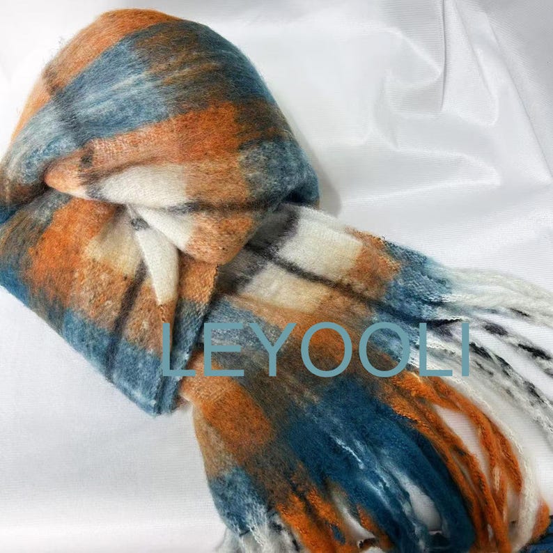 Rainbow Plaid Mohair Scarf, Winter Warm Shawl