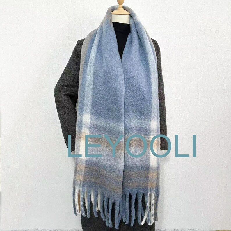 Soft Blue Plaid Mohair Scarf - Cozy Winter Wrap with Beige and White Accents