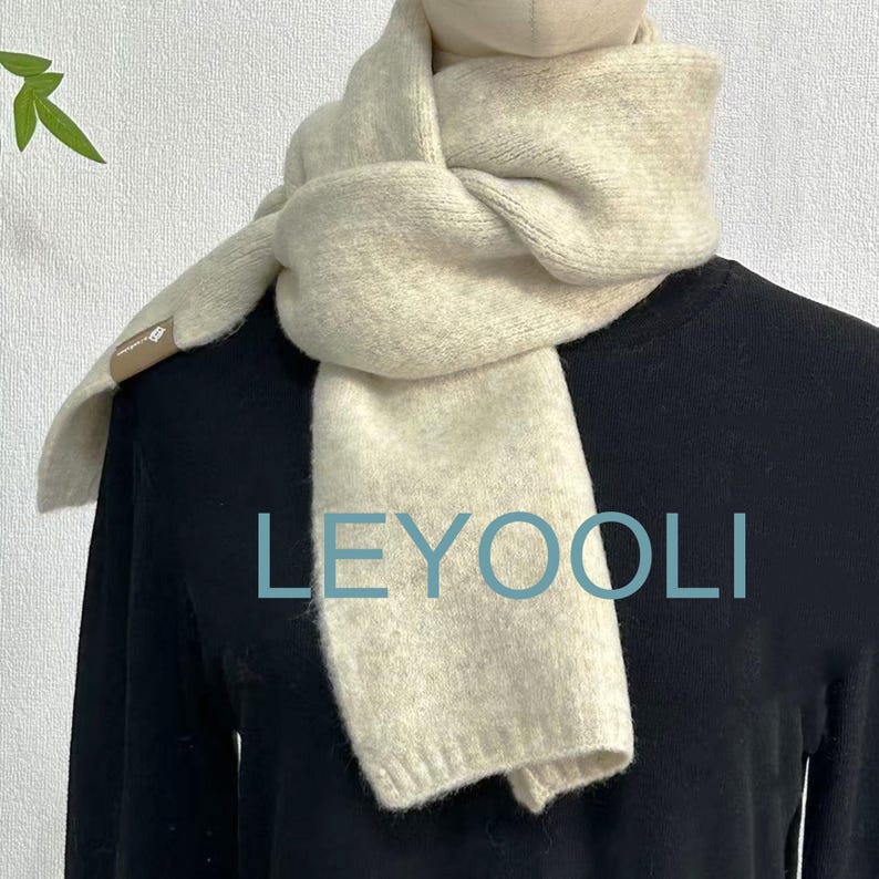 Beige Wool Blend Scarf, Solid Knit Winter Scarf