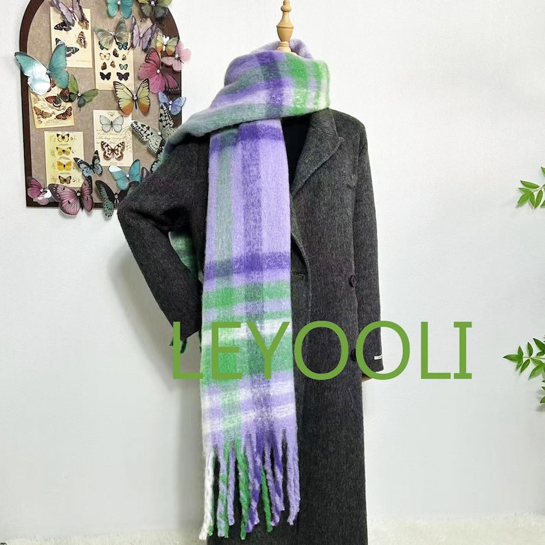 Purple Green Plaid Mohair Scarf: Tassel Winter Shawl