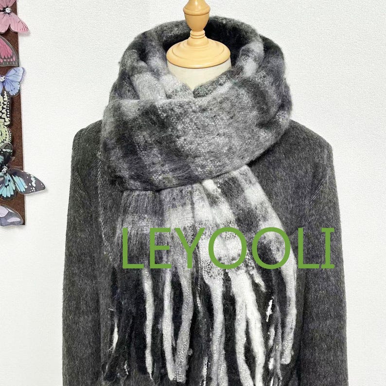 Hand Woven Plaid Mohair Scarf | Black Gray Winter Shawl