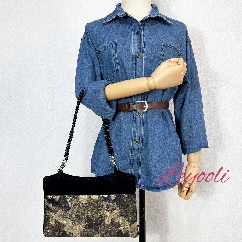 Butterfly Jacquard Shoulder Bag: Chinese Brocade Clutch with Pearl Bead Strap