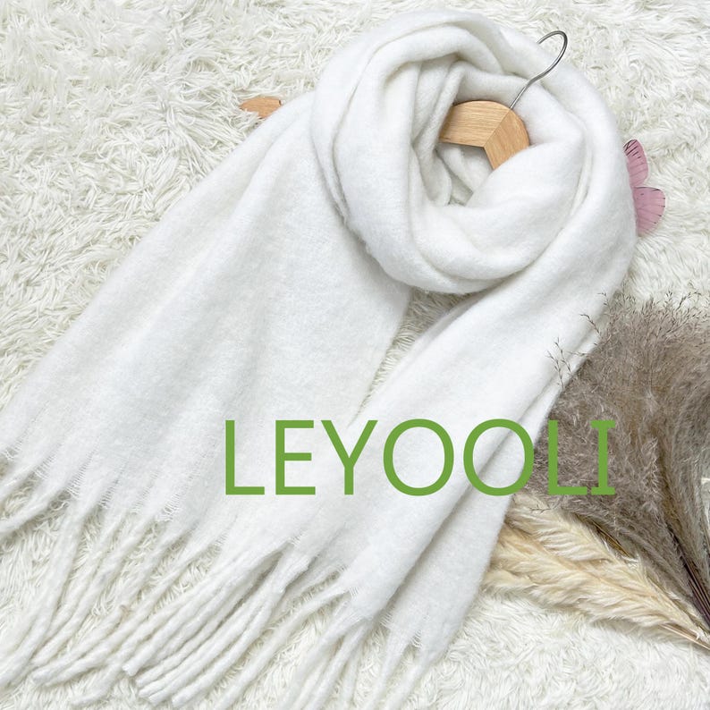 White Mohair Knit Scarf: Soft Fluffy Winter Shawl