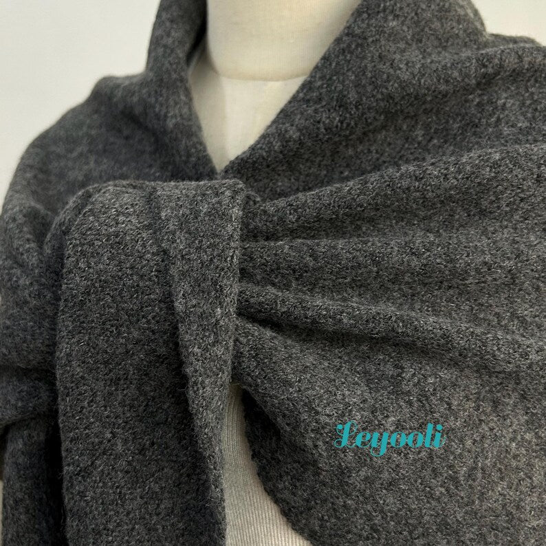 Handmade Dark Gray Wool Blend Shawl | Knitted Loop Scarf, Winter Cape